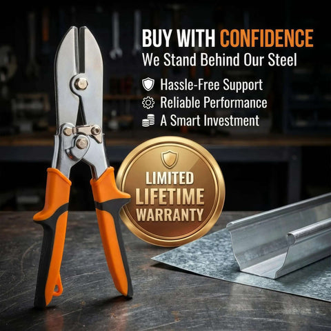 Five Blade Sheet Metal Crimp Tool With Ergonomic Grip for gutters, downspouts, stove pipe and duct work, shown with warranty badge