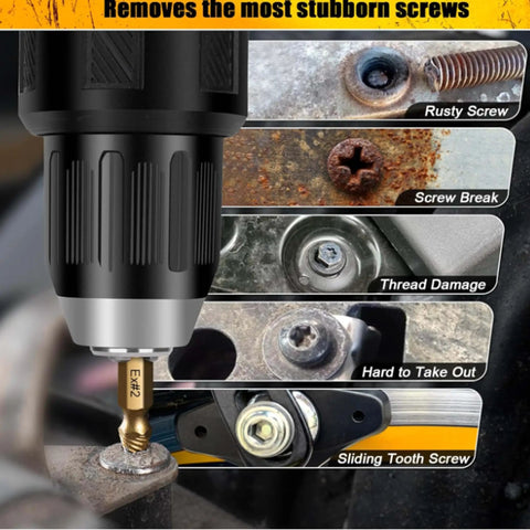 Damaged Screw Extractor Set For Stripped Screws Bolts And Rusted Hardware 6 Piece HSS Drill Bit Bolt in use on rusted screw