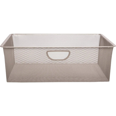 Front view of 22 inch champagne nickel wire mesh closet basket with pull out option for closet organizer systems.
