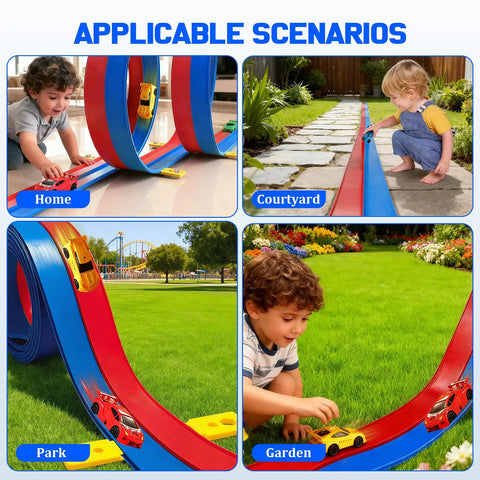 Children playing with 20ft Flex Roll Up Slot Car Race Track For Kids With Four Alloy Cars Portable Storage Bag Strong Suction Cups