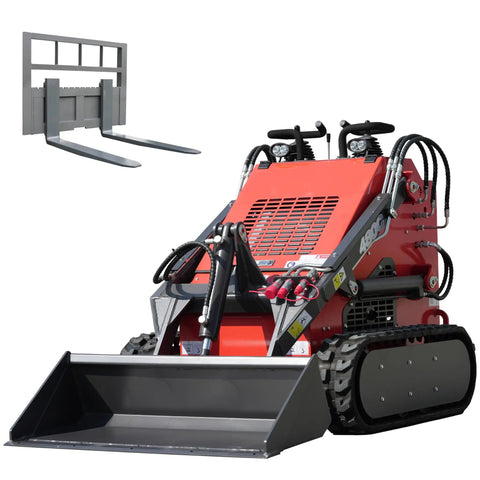 Compact Skid Steer Loader With Fork Attachments And Bucket Attachment And 23 HP Gas Engine Stand On Crawler For Digging Hauling