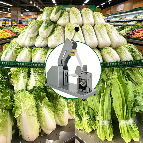 Semi Automatic Vegetable Strapping Machine Compact PE PVC Film Tying Tool Adjustable Tightness Bundler For Small Business Supermarket And Market Use featuring fresh cabbage in a grocery store.