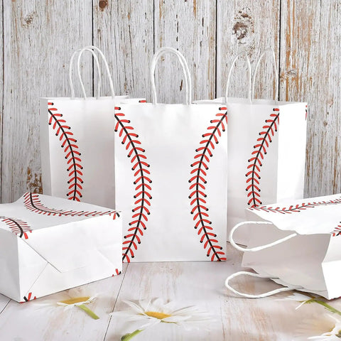 Baseball Theme Party Favor Bags With Handle, 12 Pack Kraft Paper Goodie Bags for Game Day and Birthday Parties, eco-friendly