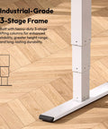 Rock Solid White L Shaped Electric Standing Desk equipped with triple motor height adjustment, showing industrial-grade 3-stage frame.