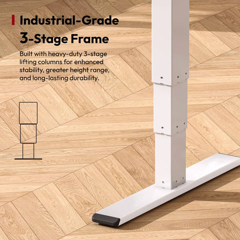 Rock Solid White L Shaped Electric Standing Desk equipped with triple motor height adjustment, showing industrial-grade 3-stage frame.