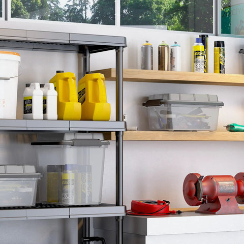 Set Of 2 Medium 29 Qt Latch Pro Heavy Duty Plastic Storage Boxes With Water Resistant Seal And Tight Latching Lid for garage