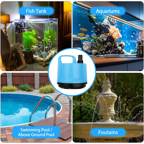 Heavy Duty Submersible Water Pump 1200 GPH 115W For Large 140 To 300 Gallon Tanks Ponds Aquariums Fountains Pools And Hydroponics With 8.2 Foot Power Cord Three Outlet Nozzles Blue, shown in various aquatic settings.
