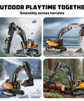 Remote-control excavator toy with 3-in-1 metal bucket, claw and drill; yellow and black, front view.

Remote-control excavator toy with 3-in-1 metal bucket, claw and drill; yellow and black, side view.

Close-up of RC excavator toy showing 3-in-1 metal bucket, claw and drill attachments; yellow/black.

RC excavator toy at work grabbing a log in forest; 3-in-1 metal attachments, yellow/black.