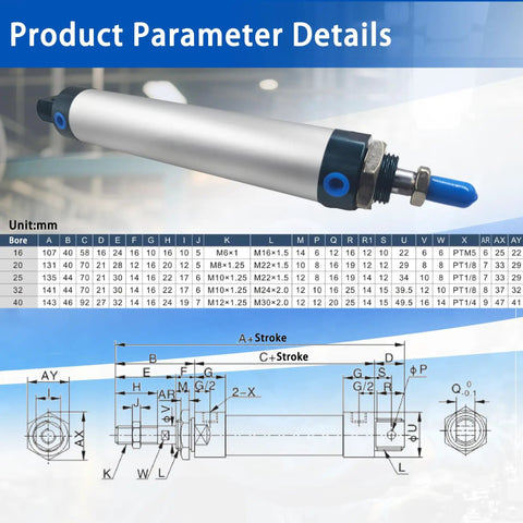 Mini Pneumatic Cylinder MAL 32x125 Double Acting Aluminum Single Rod 32mm Bore 125mm Stroke specifications diagram