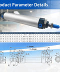 Diagram and specifications of Mini Pneumatic Cylinder MAL 25x150 Double Acting Aluminum Body With Single Rod