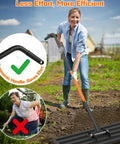 Woman using Heavy Duty Stainless Steel Lawn Leveling Rake With 78 Inch Adjustable Handle for garden maintenance, ergonomic handle shown.