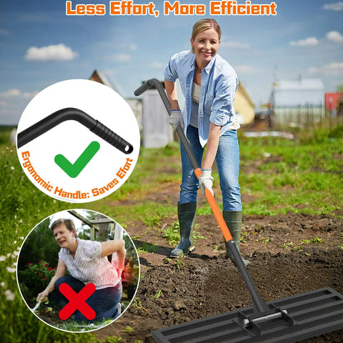 Woman using Heavy Duty Stainless Steel Lawn Leveling Rake With 78 Inch Adjustable Handle for garden maintenance, ergonomic handle shown.