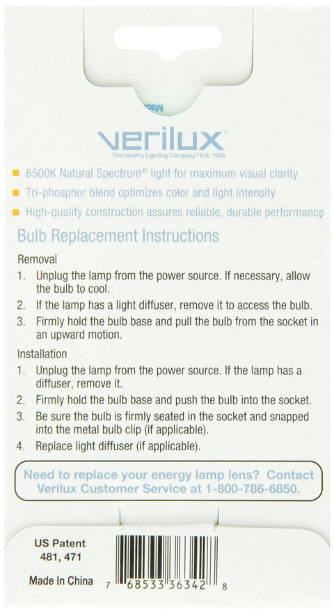 Verilux Natural Spectrum Light Bulb packaging with bulb replacement instructions and customer service details