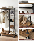 Smooth Rolling 5 Tier Clothes Rack With Industrial Pipe Frame And Rustic Brown Shelves For Organizing Wardrobe Essentials And Flexing Your Daily Fits At Home showcasing clothes, shoes and accessories.