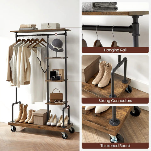 Smooth Rolling 5 Tier Clothes Rack With Industrial Pipe Frame And Rustic Brown Shelves For Organizing Wardrobe Essentials And Flexing Your Daily Fits At Home showcasing clothes, shoes and accessories.