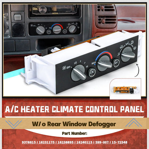 AC Heater Control Panel Climate Control Module Switch For Chevy And GMC Trucks 1996 To 1999, front view, without rear defogger.