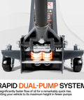 Maxority 3-Ton low-profile hydraulic floor jack, steel construction with dual-pump system, orange coil springs.