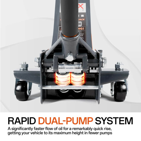 Maxority 3-Ton low-profile hydraulic floor jack, steel construction with dual-pump system, orange coil springs.