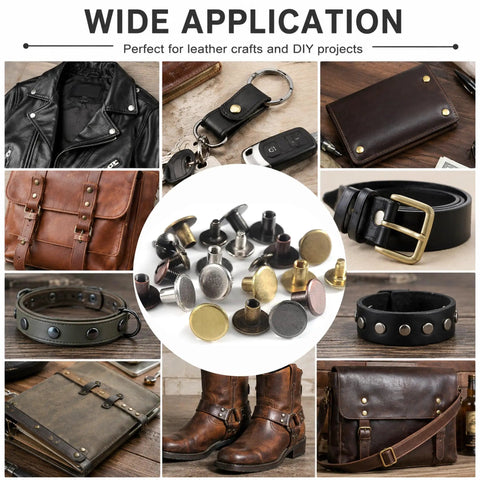Top Shelf Heavy Duty Chicago Screws And Screw Posts Featuring Sleek Copper Finish And Rock Solid Threads 100 Complete Sets displayed with leather projects and accessories.