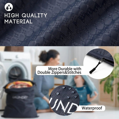 Foldable Waterproof Travel Laundry Bag Set, high-quality material and stitching, navy blue, showing durability with double zippers.