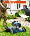20 Inch Gas Powered Lawn Mower With 144cc 4 Cycle Engine Walk Behind Push Mower No Hassle Start Lightweight Build 3 Position Cutting Height Durable Deck Beast For Quick Home Yard Mowing side discharge in use