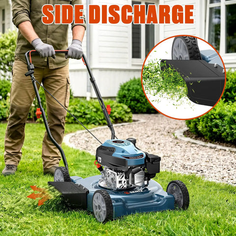 20 Inch Gas Powered Lawn Mower With 144cc 4 Cycle Engine Walk Behind Push Mower No Hassle Start Lightweight Build 3 Position Cutting Height Durable Deck Beast For Quick Home Yard Mowing side discharge in use