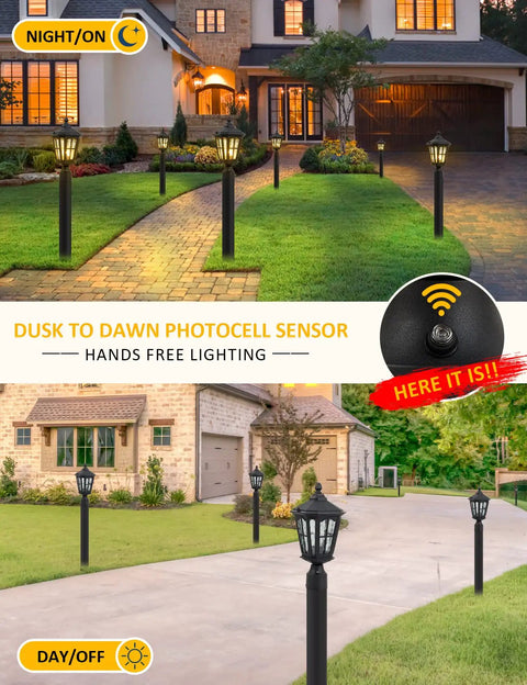 Outdoor Post Light With 3 Inch Pier Mount Base, 17 Inch High Exterior Fixture, shown in yard at night and day settings