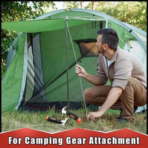 Man setting up tent using 8 Piece Small Hammer Set 8 Oz Mini Claw Hammers For Kids And Adults, Lightweight DIY Hammer Kit, Orange And Black