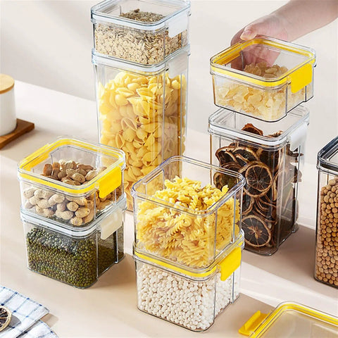 Straight Up Solid Game Changer For Your Kitchen Pantry Clear Airtight Glass Coffee Jar With Matching Spoon And Stand Sealed Food Container For Spices Or Grains displaying various grains and pasta in clear containers.