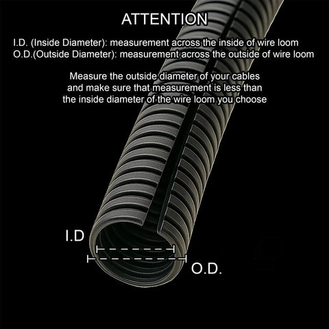 3/4 Inch Split Wire Loom Tubing 10 Foot Polyethylene Corrugated Flexible Conduit showing inside and outside diameter measurements.
