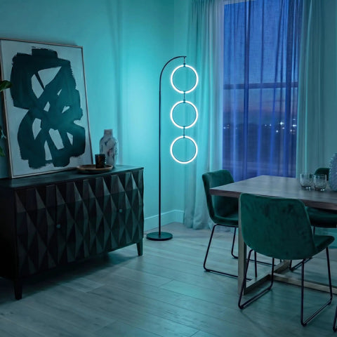 Dope RGB Color Changing Floor Lamp With Arching Three-Ring Pendant in a modern living room, dimmable LED, black sleek finish