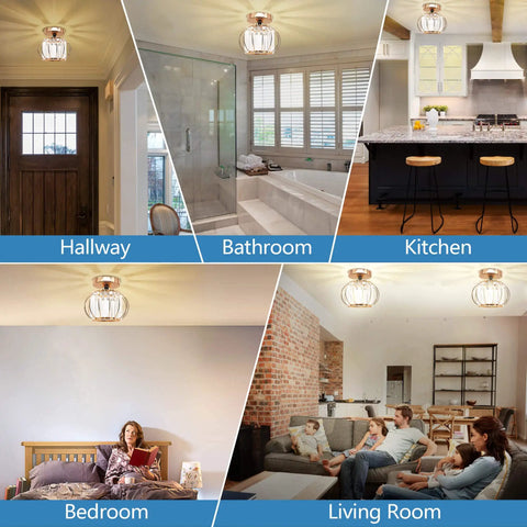 Two Pack Gold Semi Flush Mount Ceiling Lights With E26 Socket Crystal Chandeliers illuminating various home settings