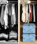 Heavy Duty Waterproof Polyester Storage Containers With A Slick Two Way Zipper Closure And Blue White Snowflake Design organizing a closet.