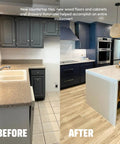 Before and after kitchen renovation with new countertops, floors, and cabinets