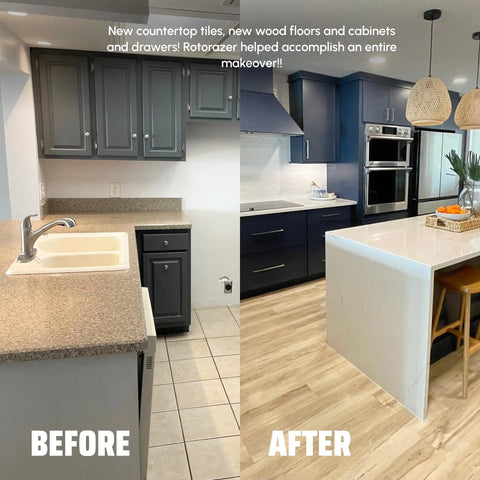 Before and after kitchen renovation with new countertops, floors, and cabinets