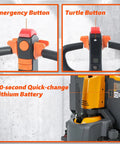 Powerful 3300 Lb Full Electric Pallet Jack With Li Ion Battery showing emergency and turtle buttons, and quick-change lithium battery.
