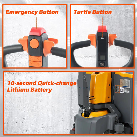 Powerful 3300 Lb Full Electric Pallet Jack With Li Ion Battery showing emergency and turtle buttons, and quick-change lithium battery.