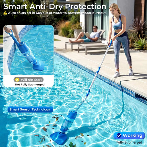 Cordless Pool Vacuum For Above Ground And Inground Pools 1427 GPH Powerful Suction Telescopic Pole in use by poolside