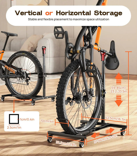 Freestanding Bike Stand With 360 Degree Lockable Wheels, Adjustable Height For Bikes Up To 29 Inches, No Drilling Needed