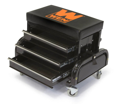 Heavy-Duty Pro-Grade Garage Glider Rolling Tool Chest Seat With 350-Pound Capacity, Cushioned Vinyl Pad, open drawers