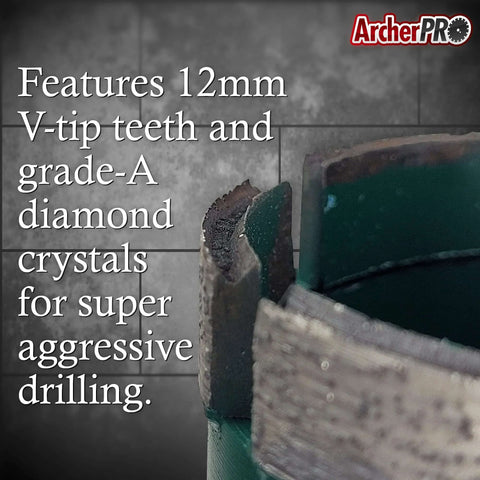 Archer PRO diamond core drill bit, 2-1/4 in, close-up showing 12 mm V-tip teeth and grade-A diamond crystals.