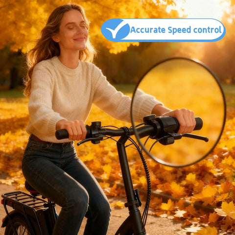 Person riding bike using 36V Twist Throttle Grip Replacement With LCD Voltage Display And Cruise Control Button for DYU Ebikes.