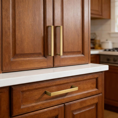 Brushed Brass Cabinet Pulls Set Of 10, 3-Inch Hole Center Handles installed on wooden kitchen cabinets and drawers