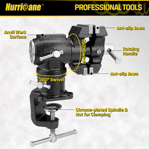 Dual Jaws Table Vise With 2.5 Inch Jaw Width, 360 Degree Swivel Base, Clamp On Vise For Woodworking, Pipe Repair, Sharpening, Grinding And Cutting, Portable Bench Vise For Home Shop with anvil surface and chrome spindle
