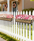 Two Pack 24 Inch Deck Railing Planter Box With Adjustable Brackets And Coco Liners Weatherproof Metal Construction displayed on fence