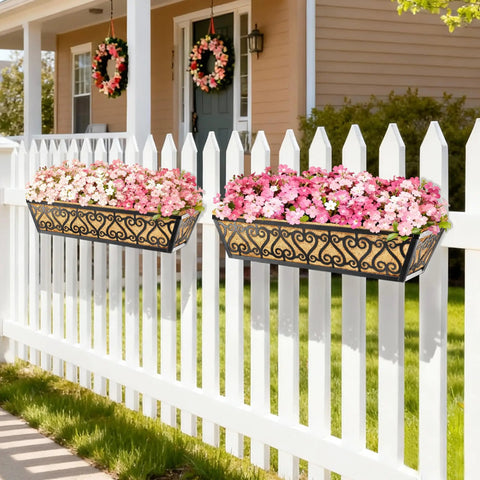 Two Pack 24 Inch Deck Railing Planter Box With Adjustable Brackets And Coco Liners Weatherproof Metal Construction displayed on fence