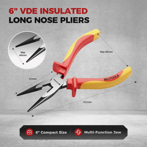 Insulated Needle Nose Pliers, 6 Inch, 1000V VDE Certified, Cr V Steel, Long Narrow Jaws For Tight Spaces, Reaches Into Electrical Boxes And Dense Panels, Pro Grade Tool For Electricians And Wiring Bundles. 6-inch insulated long nose pliers with red and yellow handles