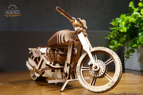 Wooden Motorcycle Kit VM02 3D Puzzle Mechanical Bike Model With Rubber Band Engine DIY Plywood Build For Vehicle Enthusiasts Bikers And Gearheads Realistic Belt Drive Motion, front view