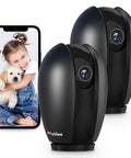 2-pack 1080P Indoor Security Camera with 360° view, phone displaying app, ideal for home surveillance, baby monitor, and pet cam.