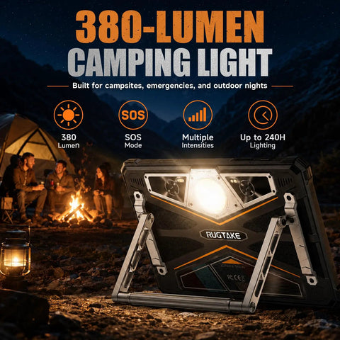 Built Like A Tank 5G Rugged Tablet With Android 16 And Massive 20080Mah Battery Featuring 11 Inch Waterproof Screen outdoors with a camping light.
